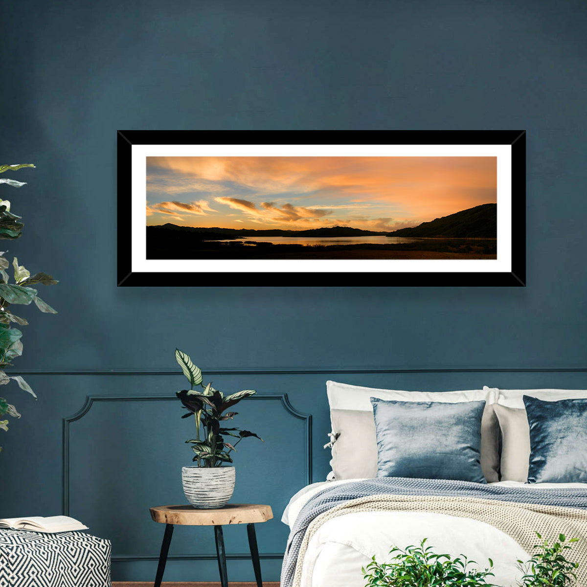 Lake Casitas Sunrise Wall Art in a room, panoramic