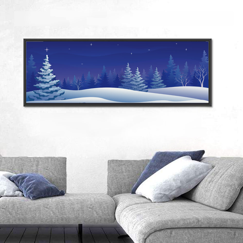 Starry Winter Forest Illustration Wall Art in a room, panoramic