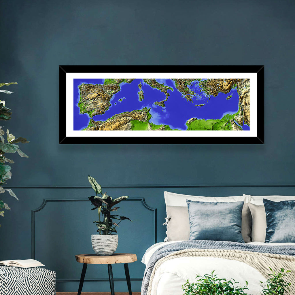 Mediterranean Sea Shaded Relief Map Wall Art
