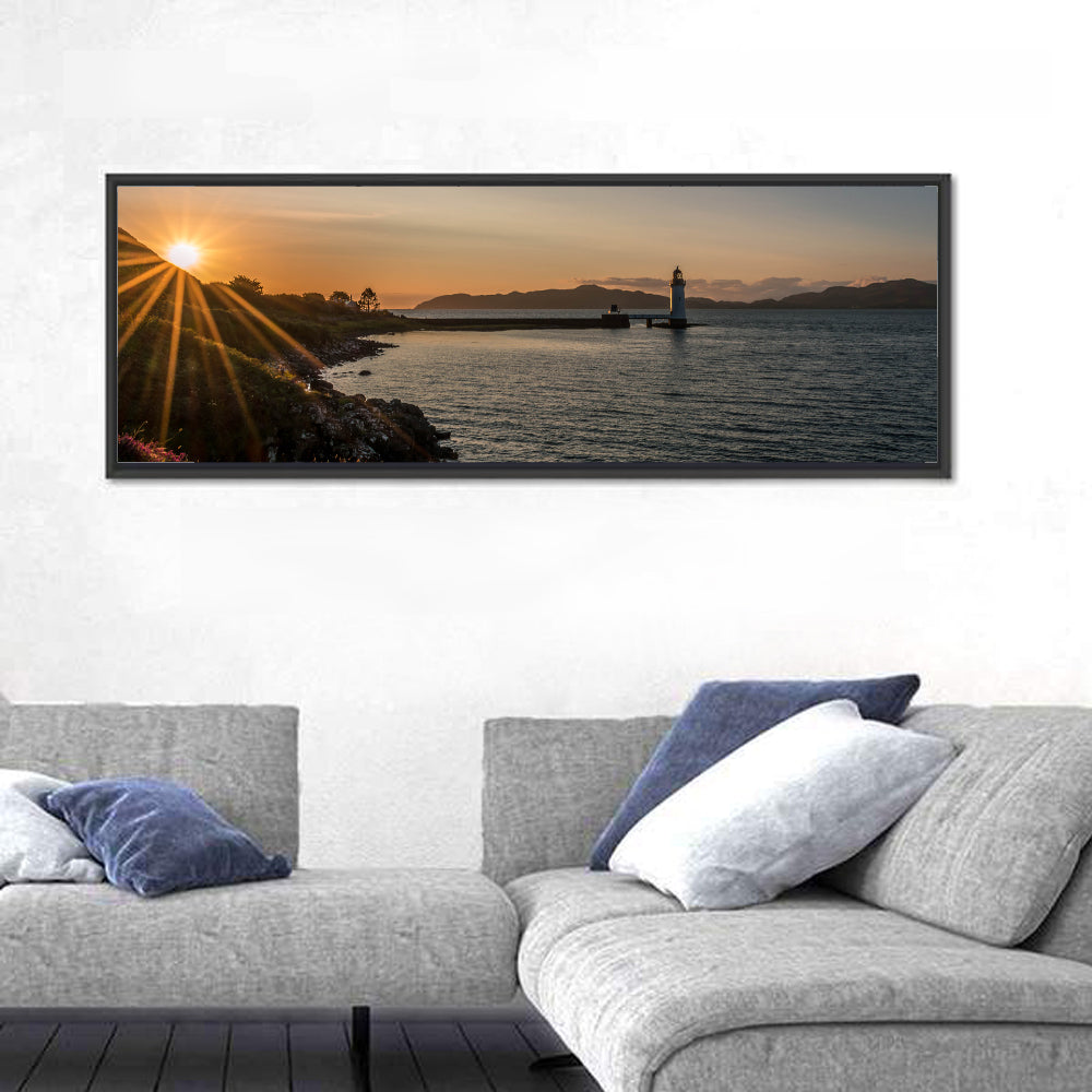 Dunollie Lighthouse Golden Hour Wall Art in a room, panoramic