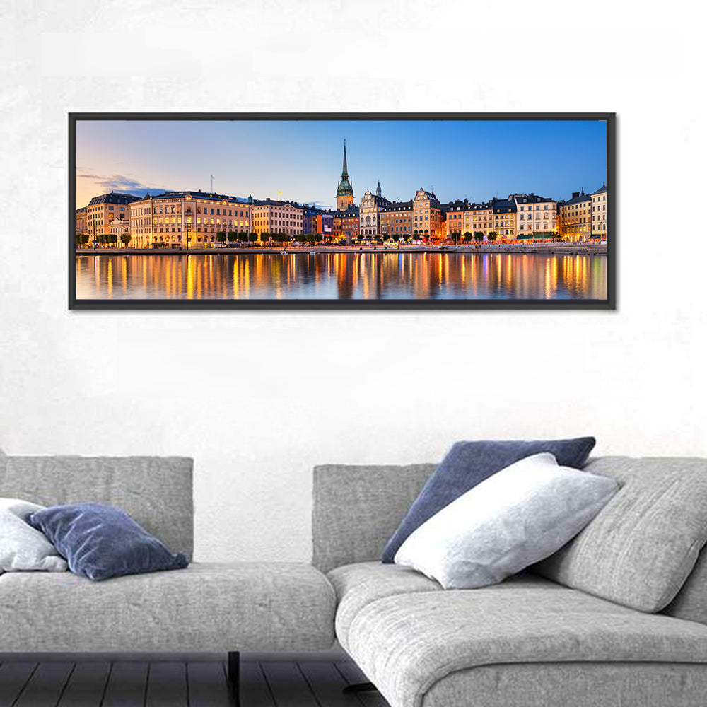 Gamla Stan Night Reflections Wall Art in a room, panoramic