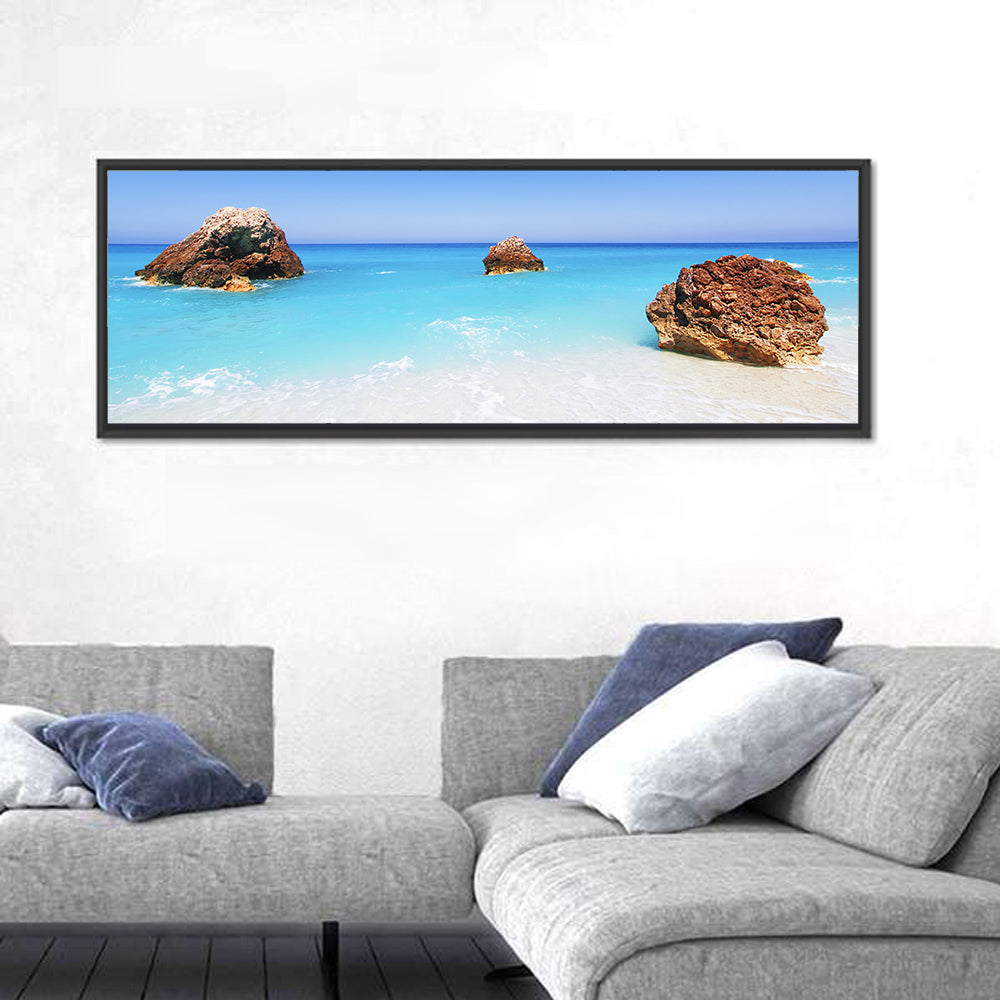 Lefkada Three Rocks Seascape Wall Art in a room, panoramic