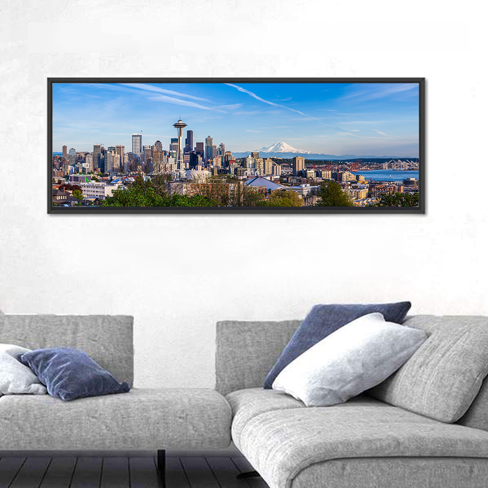 Seattle Skyline with Mount Rainier Wall Art in a room, panoramic