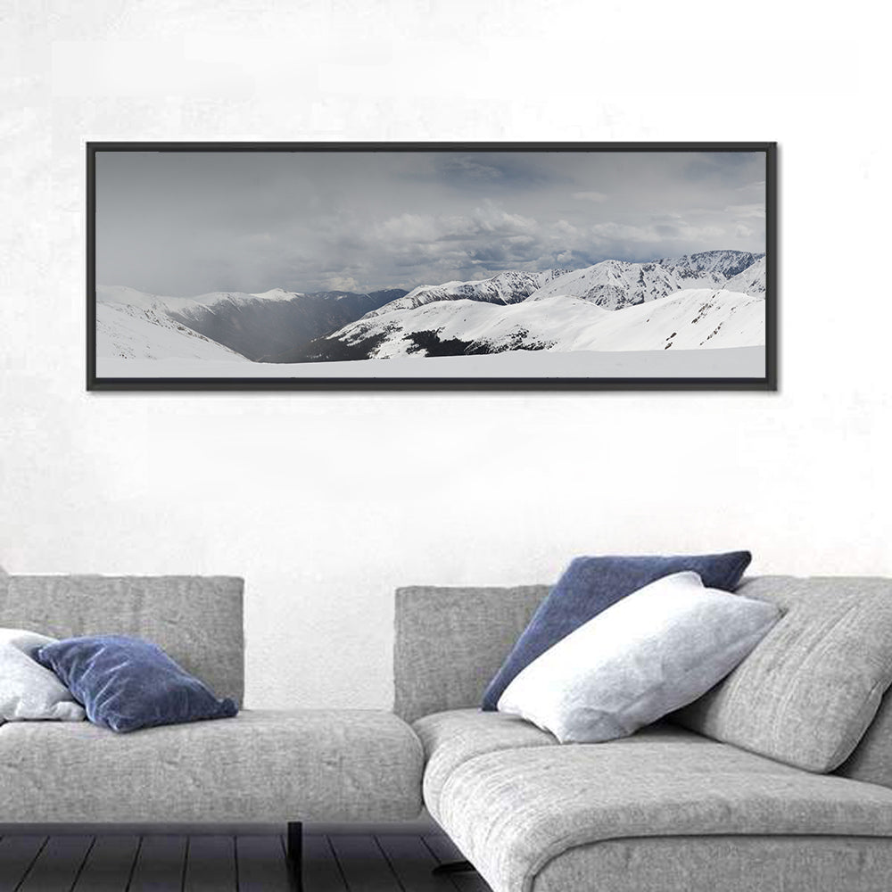 Snowy Colorado Mountains Wall Art in a room, panoramic