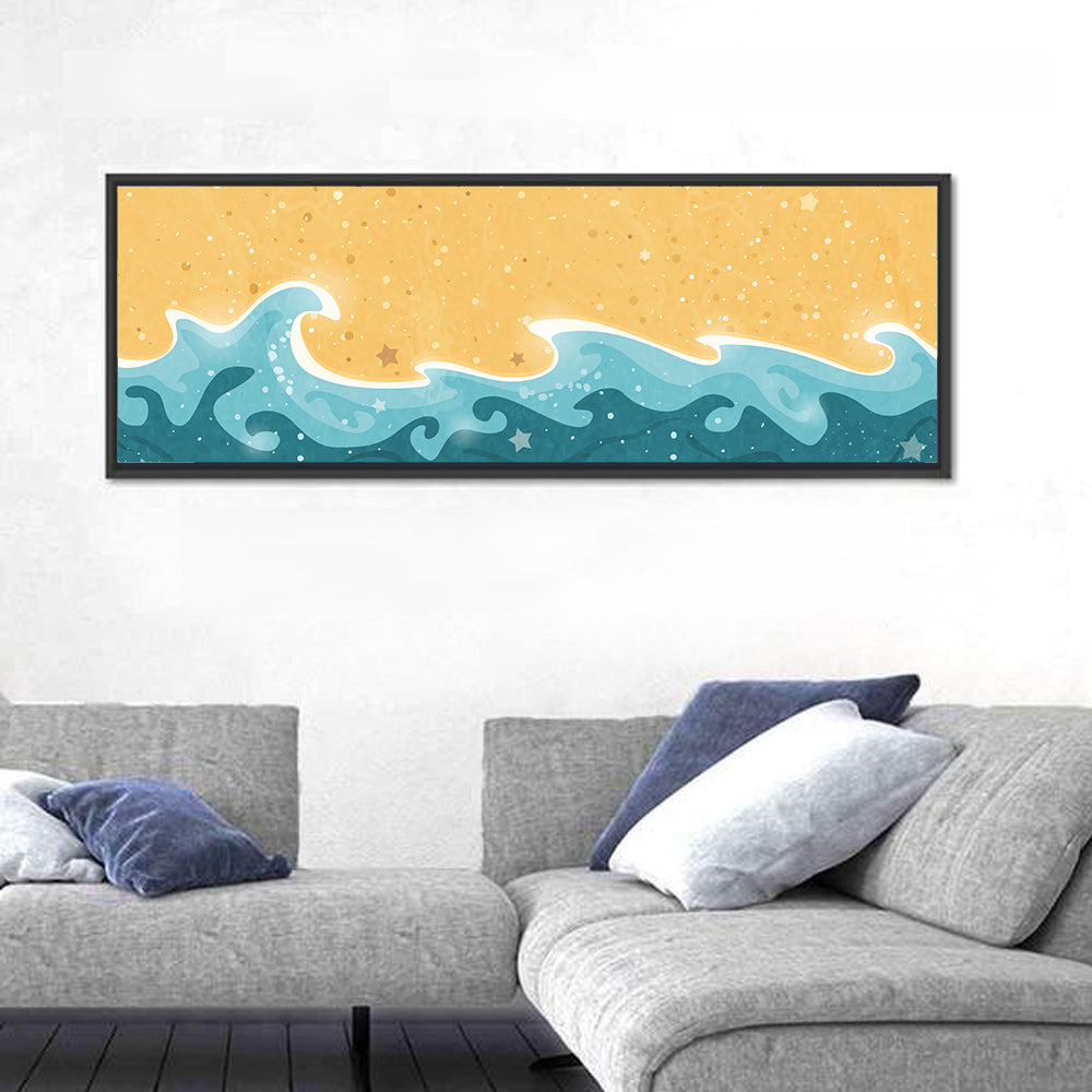 Whimsical Starry Waves Abstract Wall Art in a room, panoramic