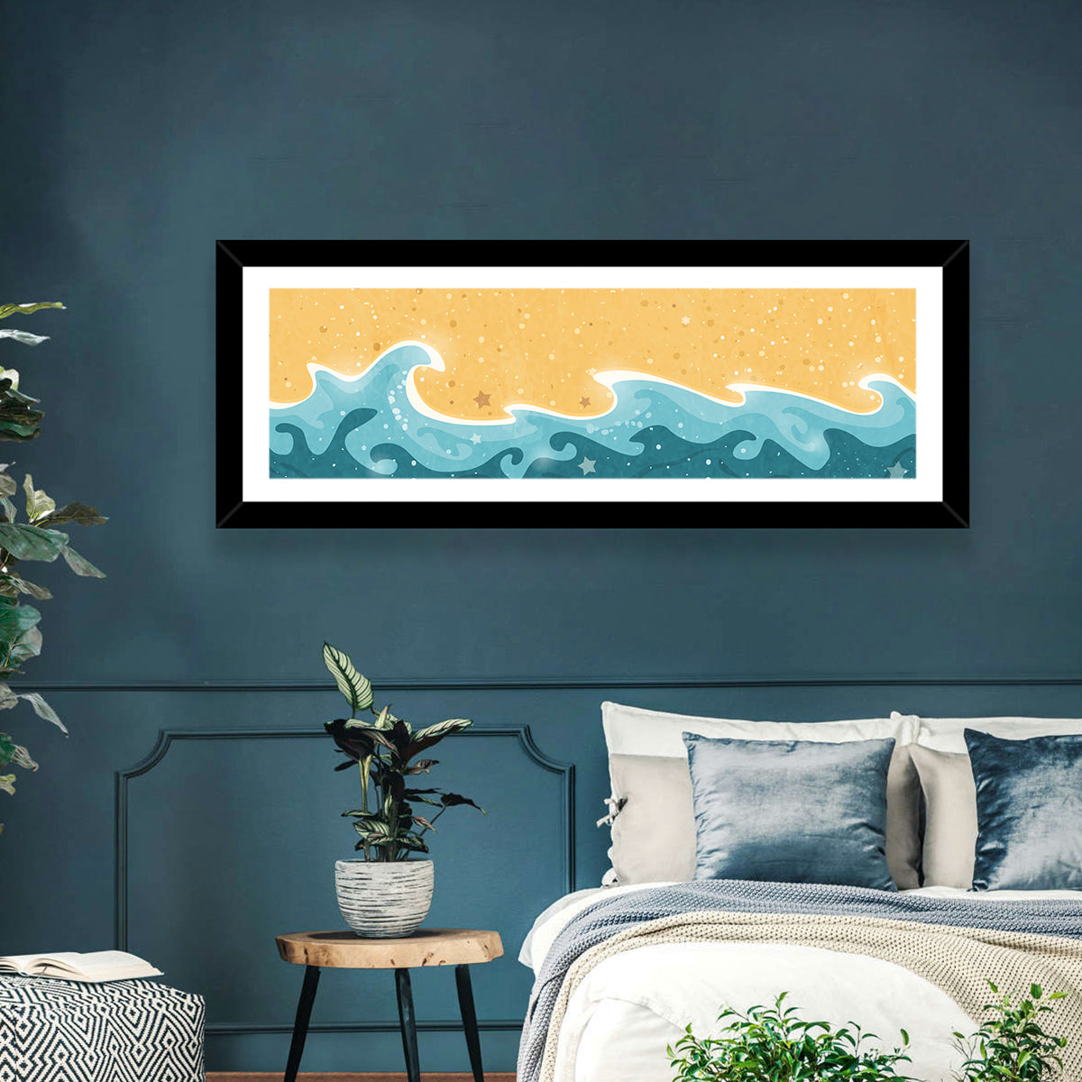 Whimsical Starry Waves Abstract Wall Art in a room, panoramic