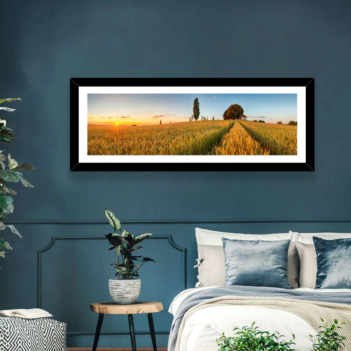 Sunset Wheat Field with Red Roof Cottage Wall Art in a room, panoramic