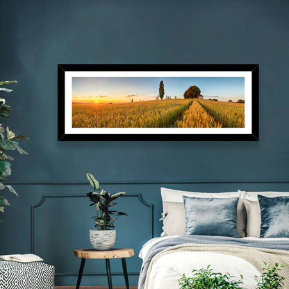 Sunset Wheat Field with Red Roof Cottage Wall Art
