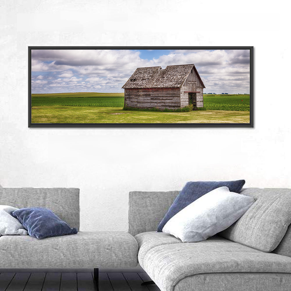 Old Farm Shed in Field Wall Art in a room, panoramic