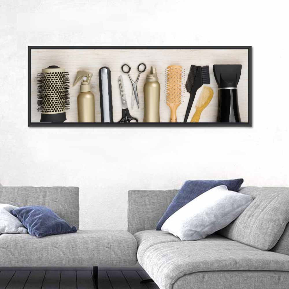 Minimalist Salon Tools Wall Art in a room, panoramic