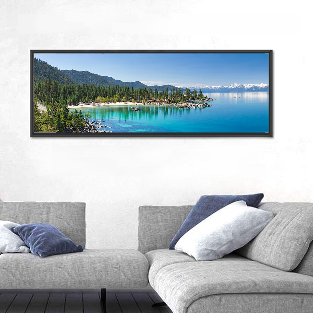 Lake Tahoe Turquoise Shoreline Wall Art in a room, panoramic