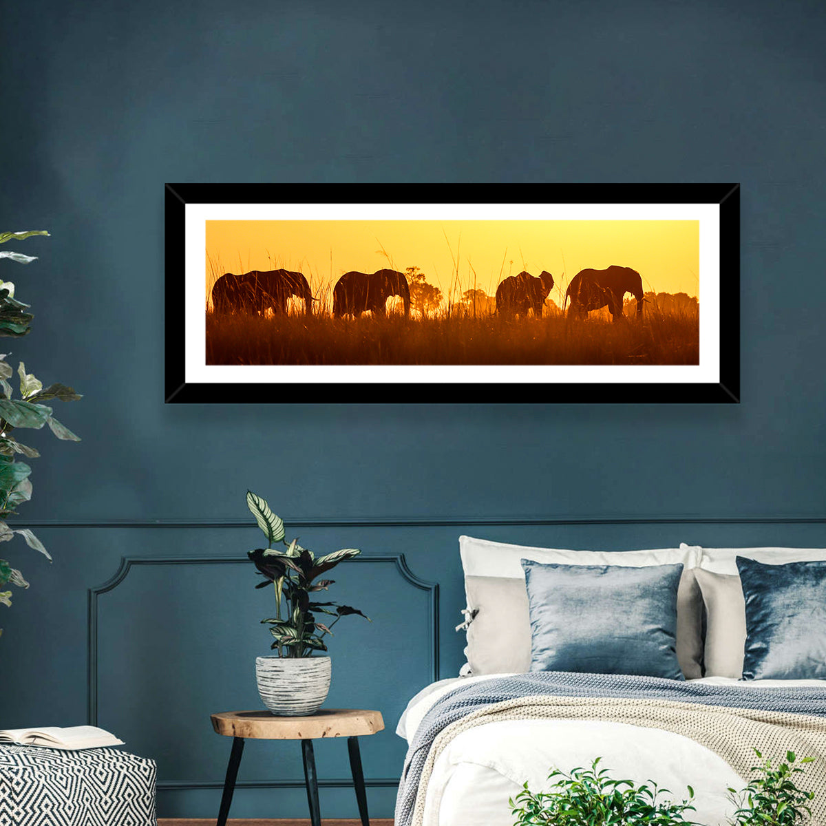 Golden Sunset Elephant Herd Wall Art