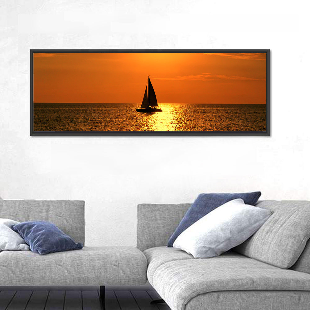Sailboat Silhouette at Golden Sunset Wall Art