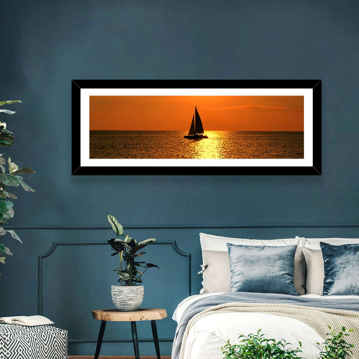 Sailboat Silhouette at Golden Sunset Wall Art
