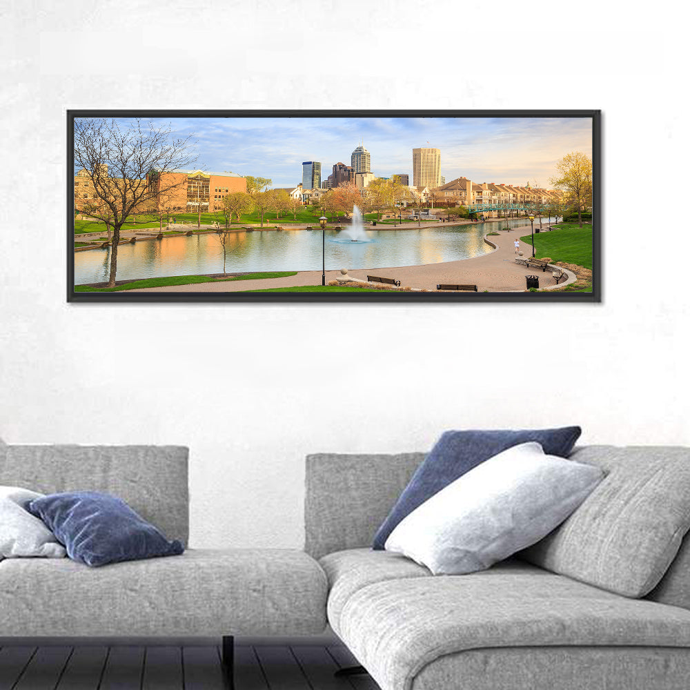 Indianapolis Central Canal Skyline Wall Art in a room, panoramic