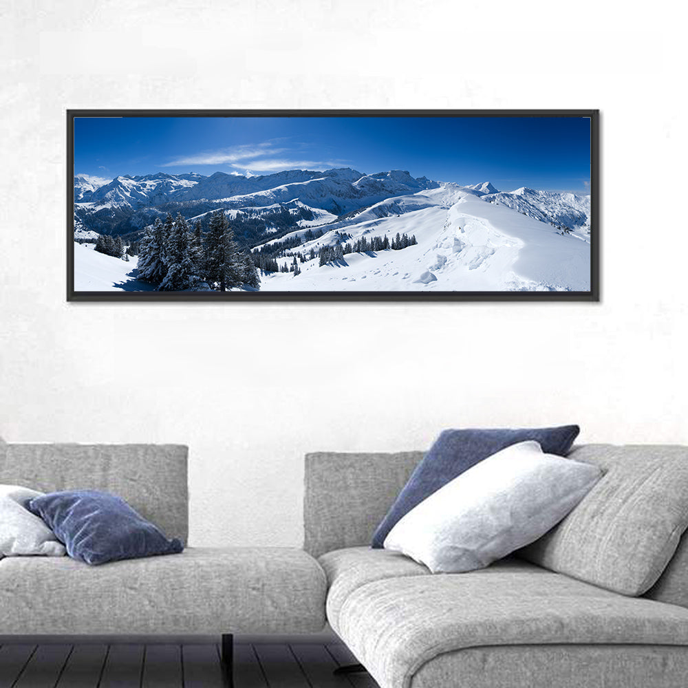 Snowy Bernese Alps Wall Art in a room, panoramic