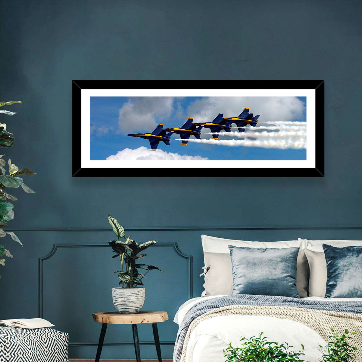Blue and Gold Fighter Jets Wall Art in a room, panoramic