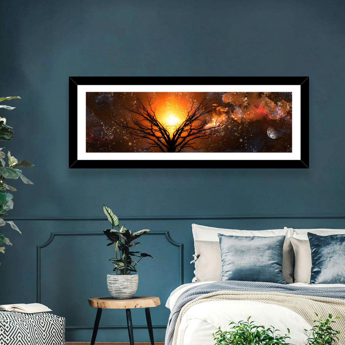 Haunted Tree Under Nebula Wall Art in a room, panoramic
