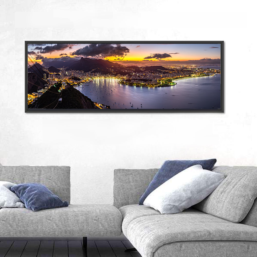 Rio De Janeiro Night Skyline Wall Art in a room, panoramic