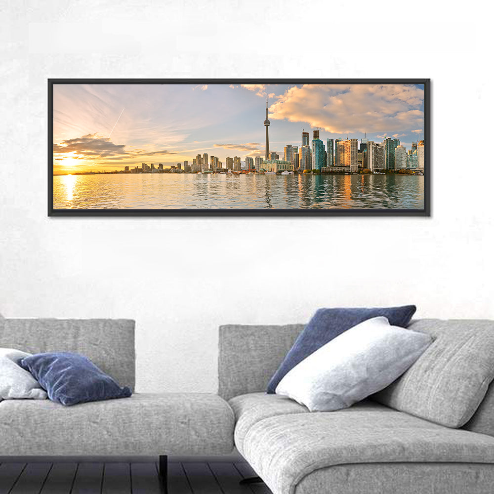 Toronto Golden Hour Skyline Wall Art in a room, panoramic