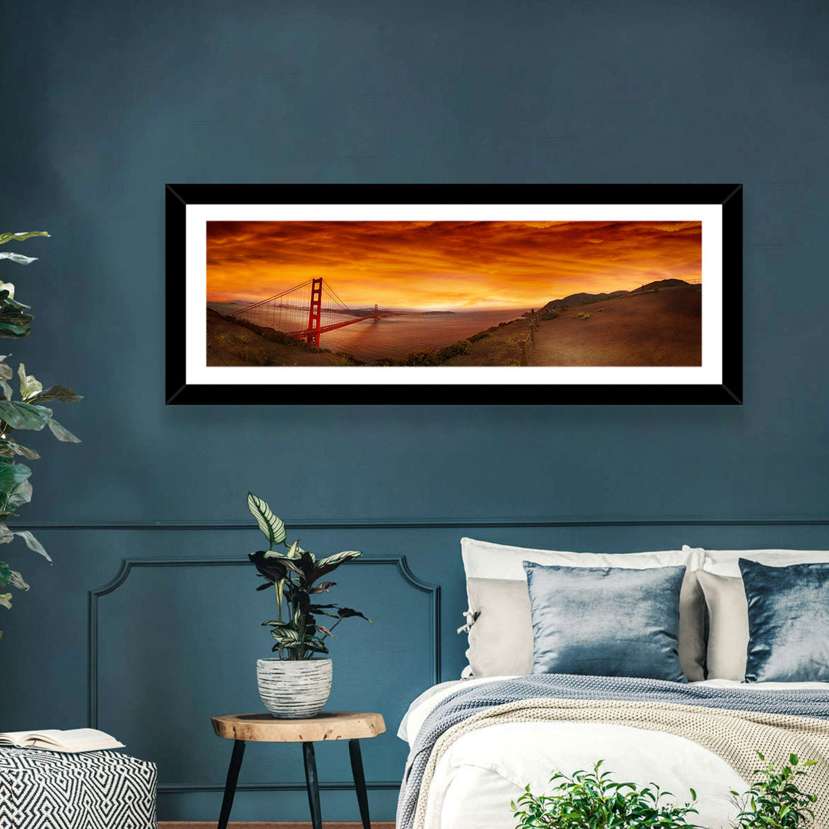 Golden Gate Bridge at Sunset Wall Art in a room, panoramic