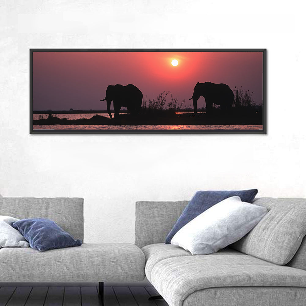 Elephants at Sunset Silhouette Wall Art