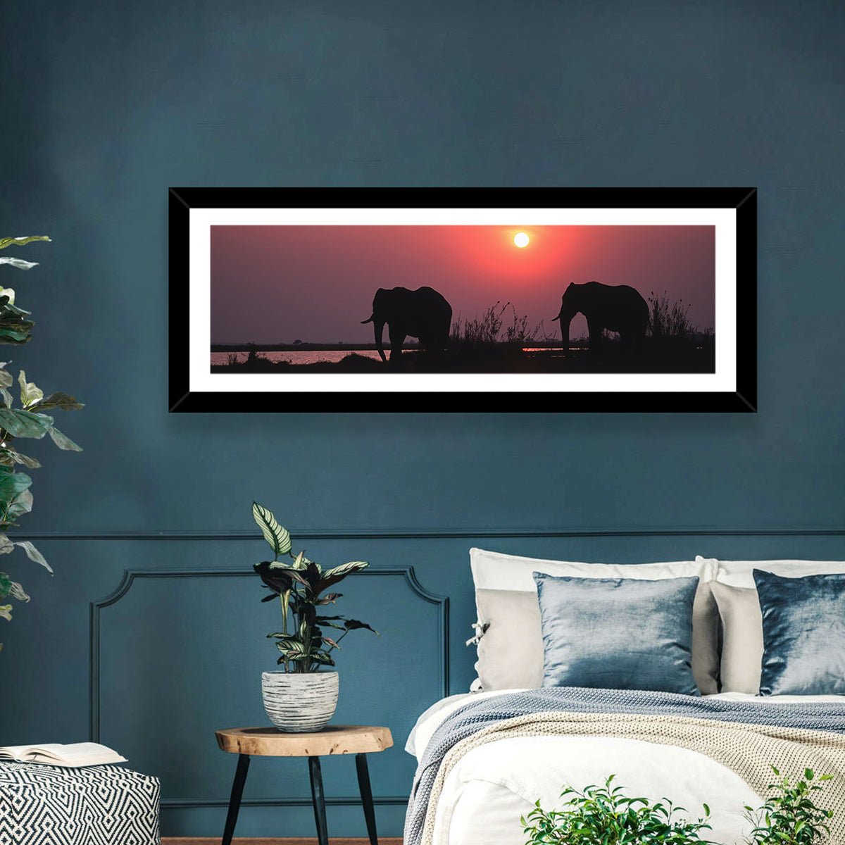 Elephants at Sunset Silhouette Wall Art