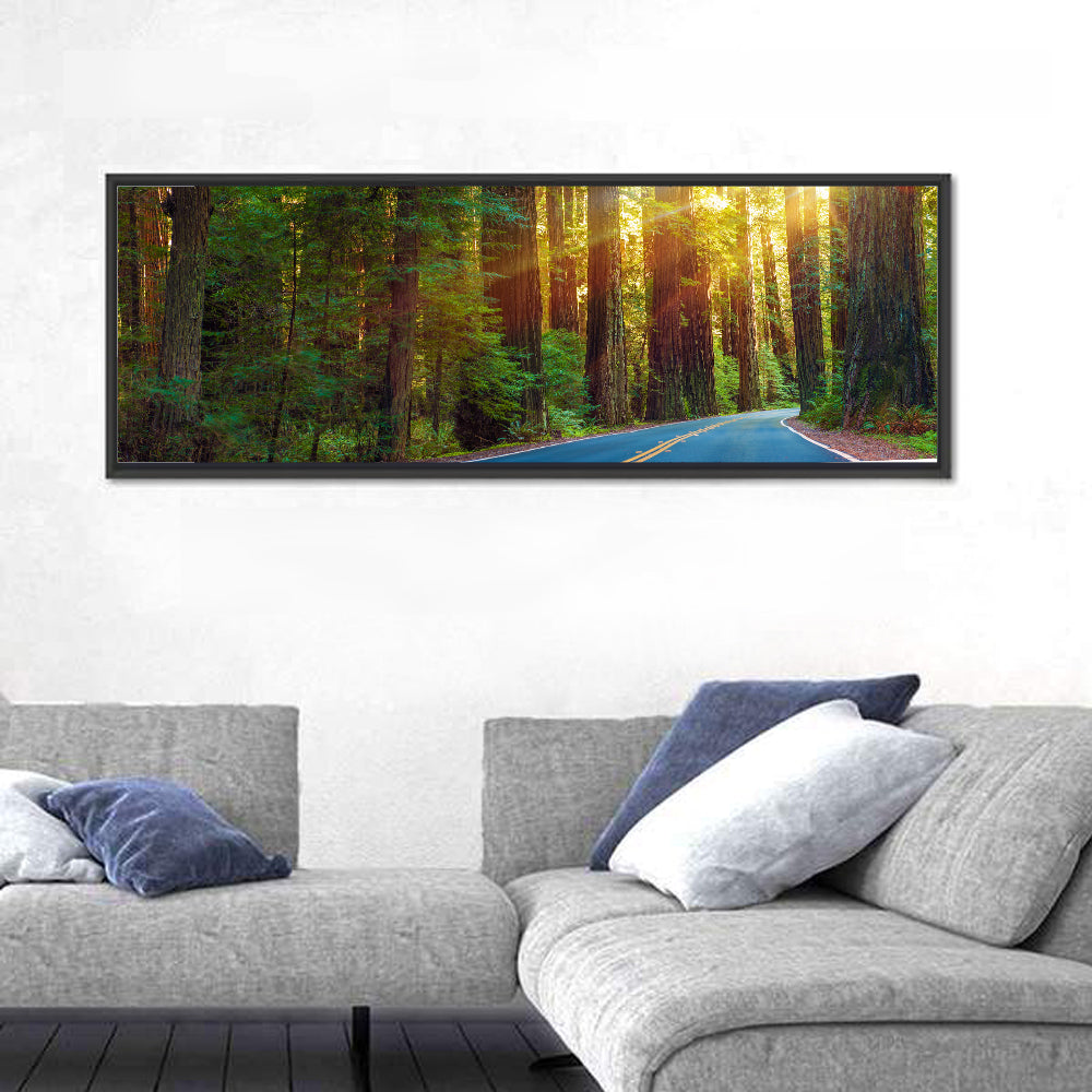 Sunlit Redwood Highway Wall Art in a room, panoramic