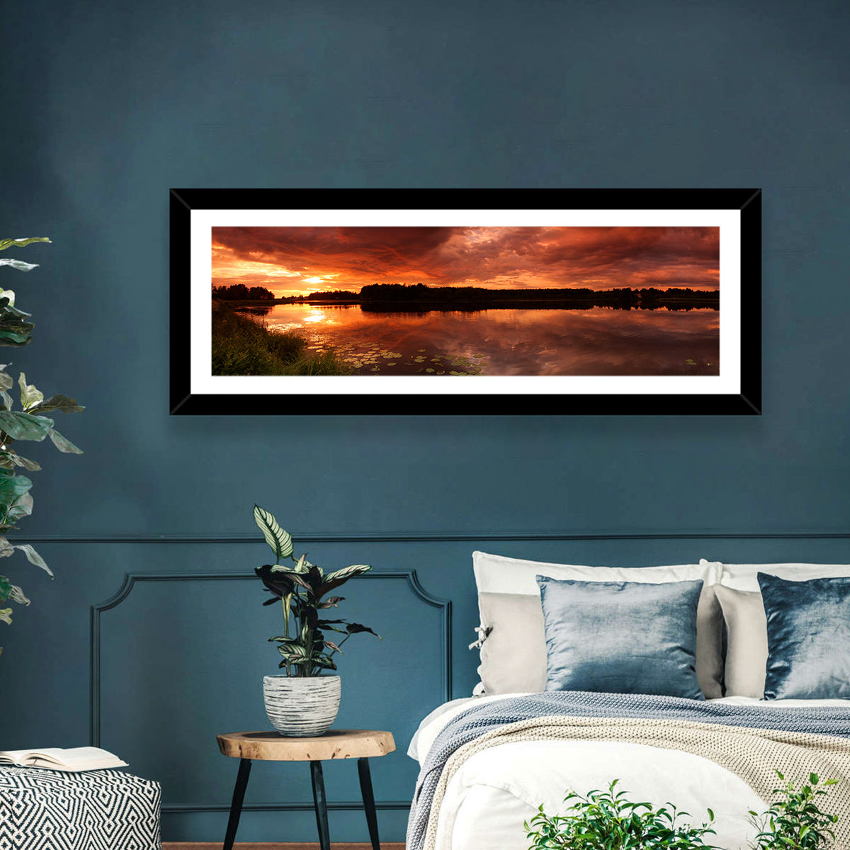 Sunset Lake Reflection Wall Art in a room, panoramic
