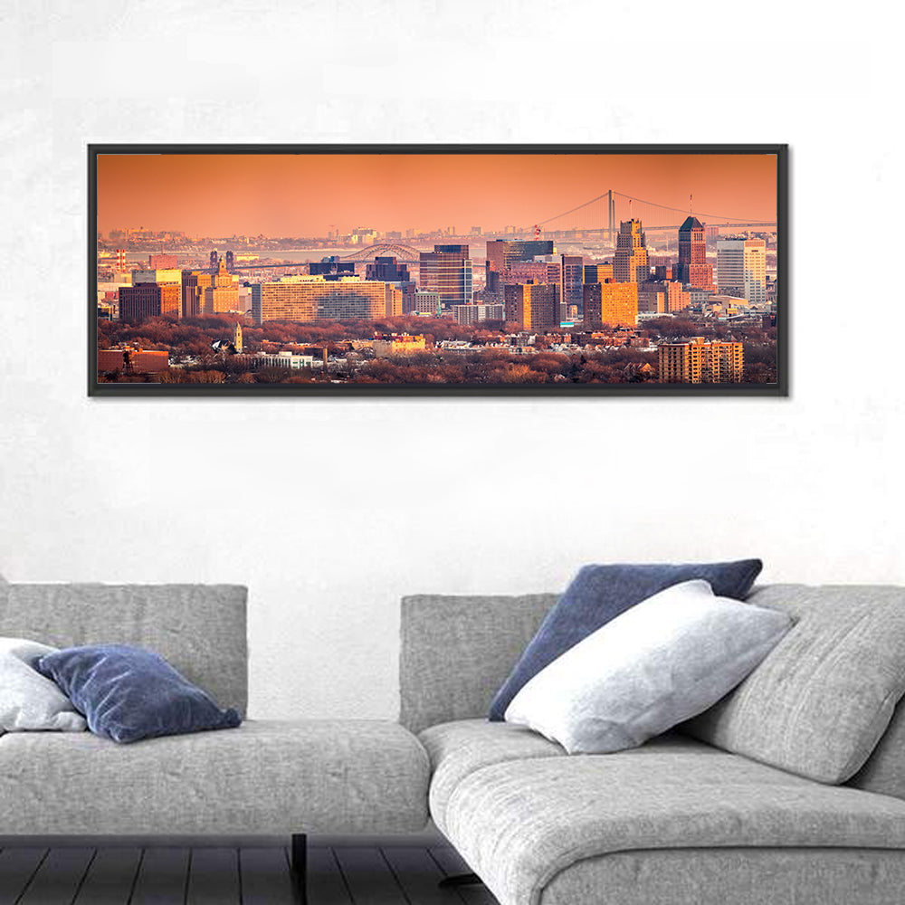 Newark Golden Hour Skyline Wall Art in a room, panoramic