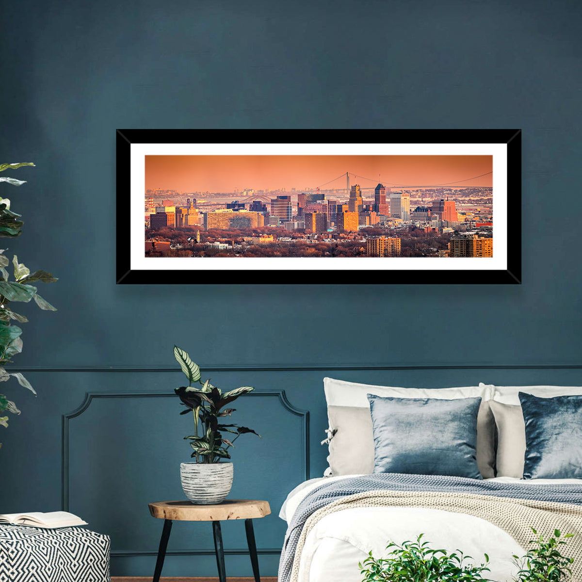 Newark Golden Hour Skyline Wall Art in a room, panoramic