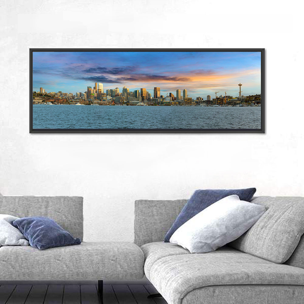 Seattle Skyline at Dusk Wall Art in a room, panoramic