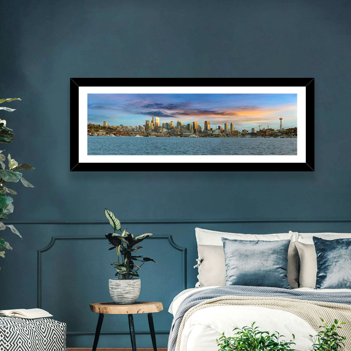 Seattle Skyline at Dusk Wall Art in a room, panoramic