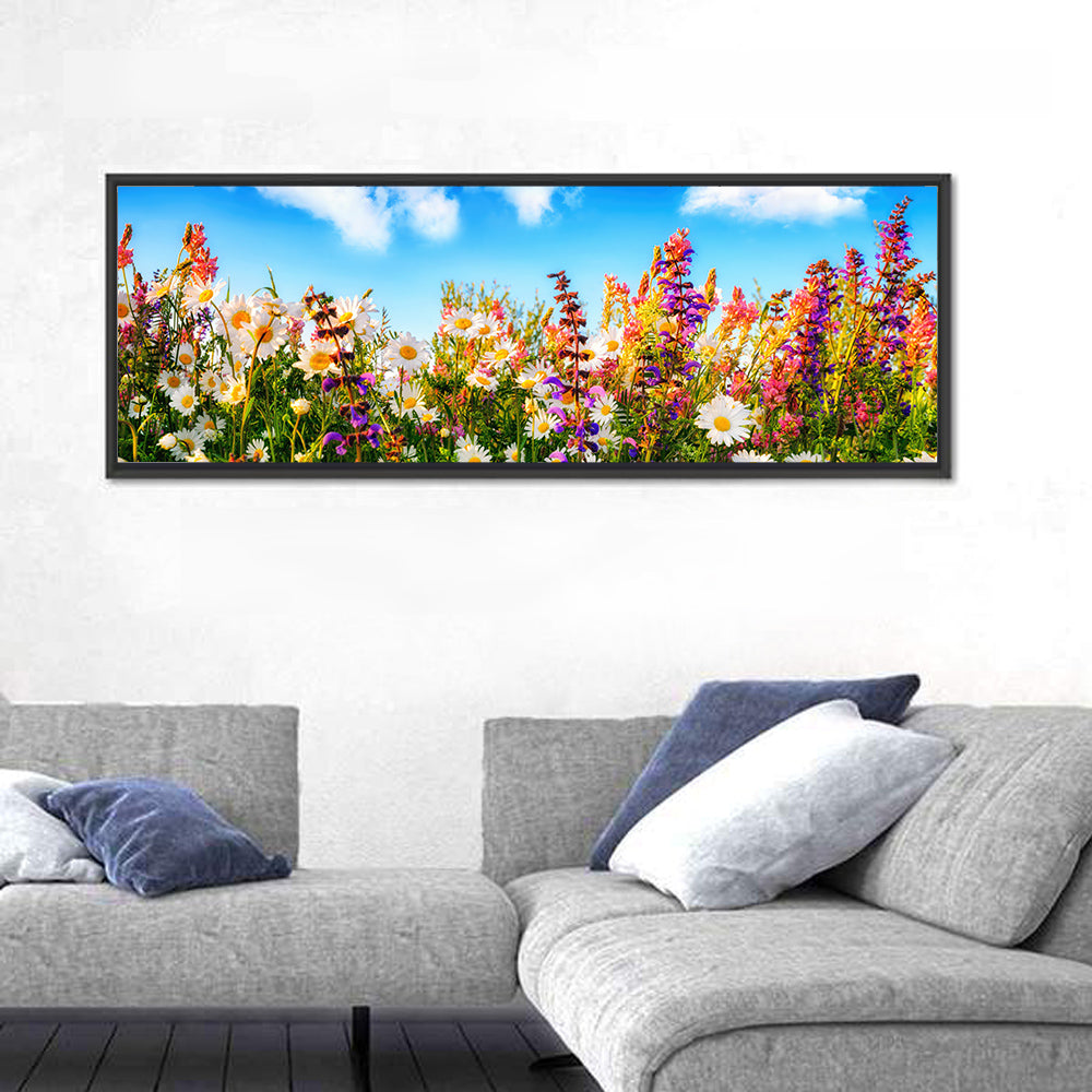 Spring Meadow Wildflowers Wall Art in a room, panoramic