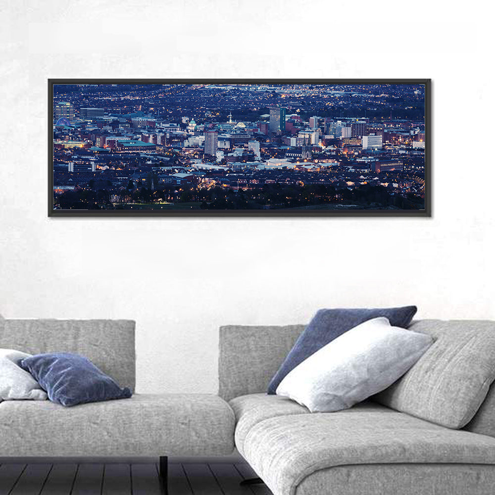 Belfast Blue Hour Skyline Wall Art in a room, panoramic