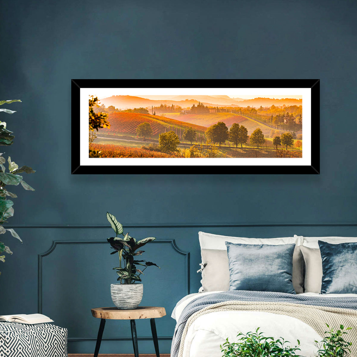 Golden Hour Vineyard Hills Wall Art in a room, panoramic