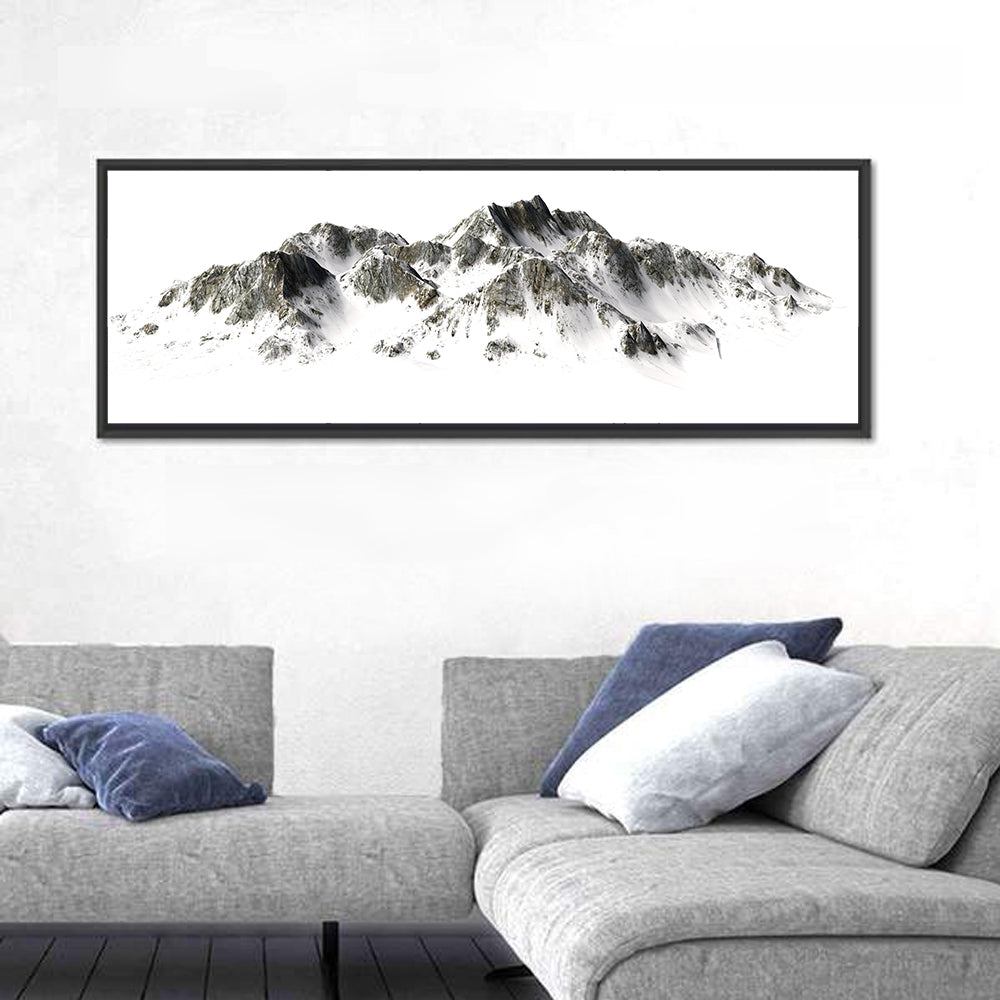 Winter Snow-capped Mountain Range Wall Art in a room, panoramic