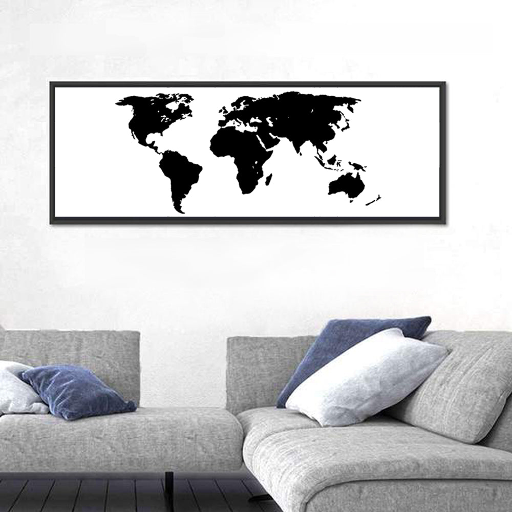 Minimalist Black World Map Wall Art in a room, panoramic