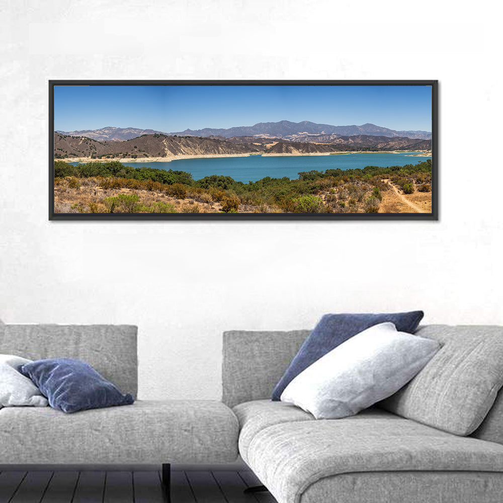 Lake Cachuma Wall Art in a room, panoramic