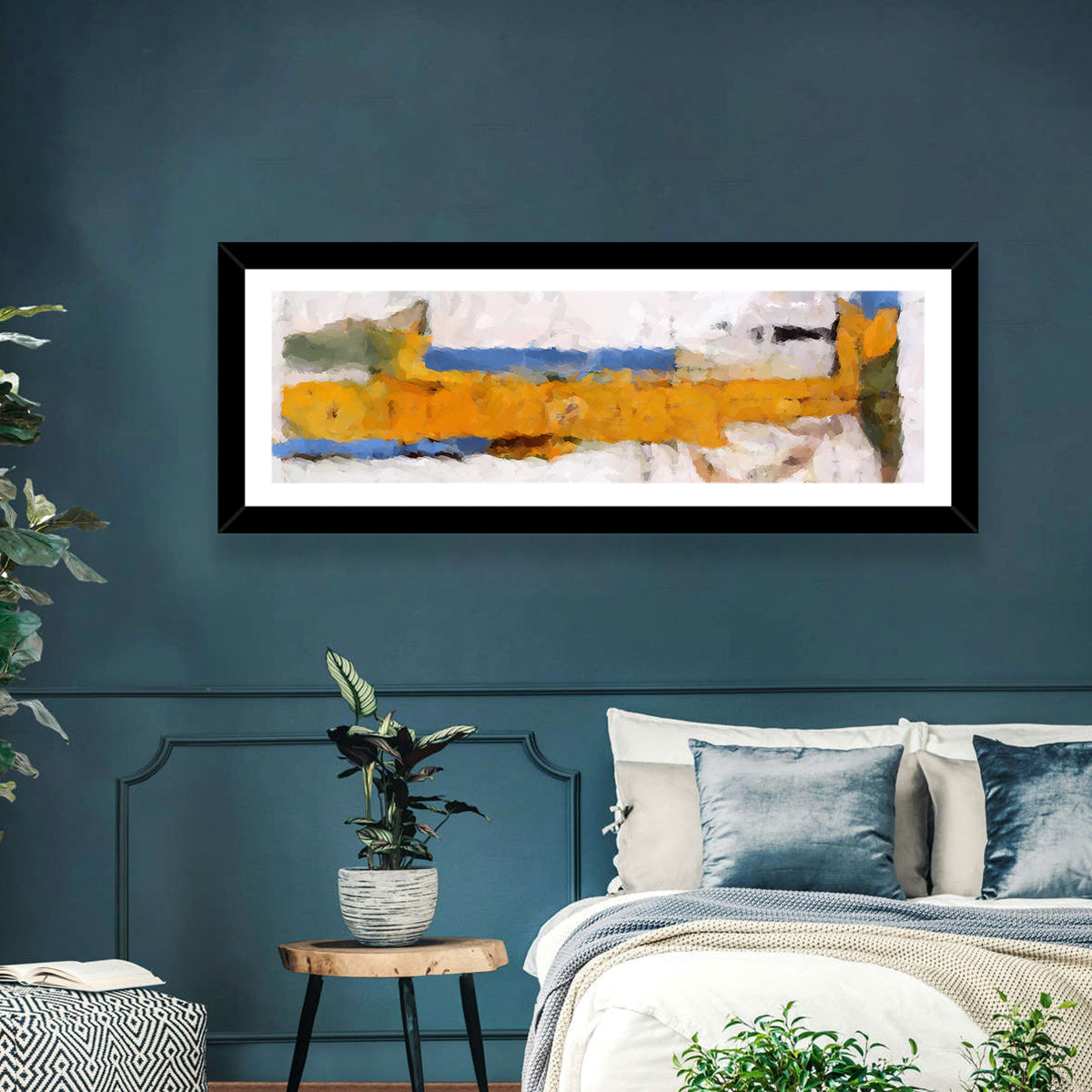 Lake Reflection in Yellow and Blue Wall Art in a room, panoramic