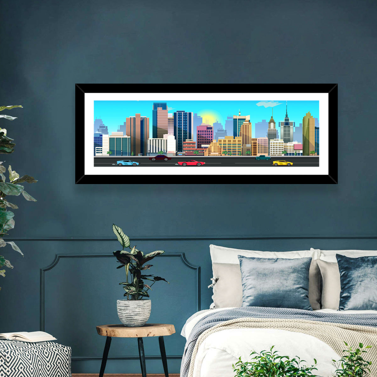 Geometric City Skyline with Sun Flare Wall Art