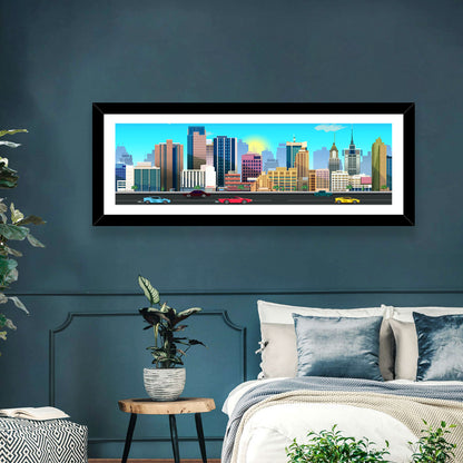 Geometric City Skyline with Sun Flare Wall Art