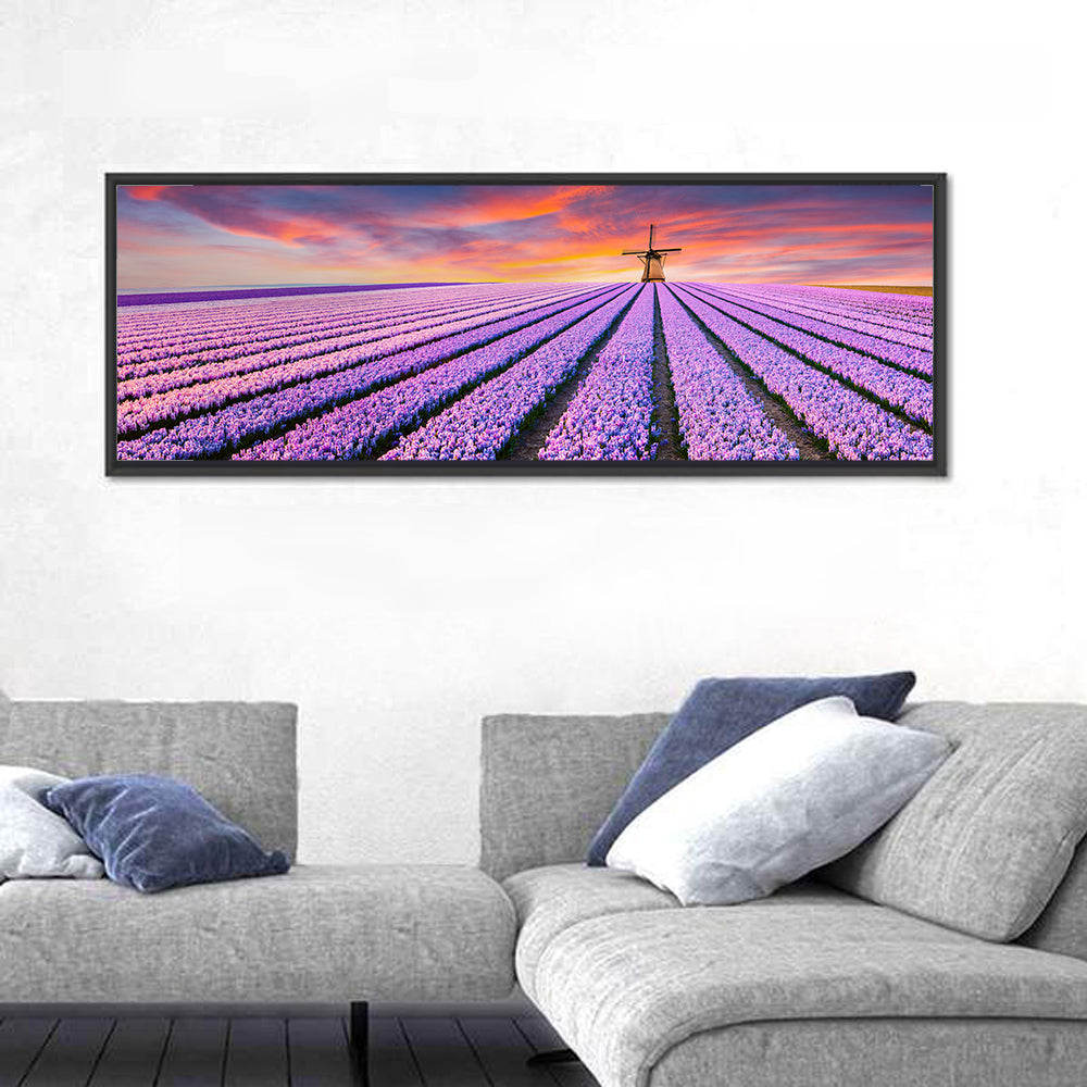 Hyacinth Field at Sunset Wall Art in a room, panoramic