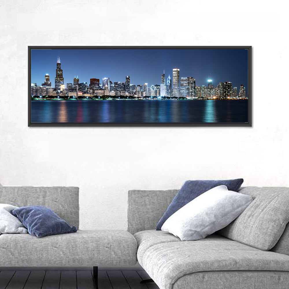 Chicago Night Skyline Wall Art in a room, panoramic