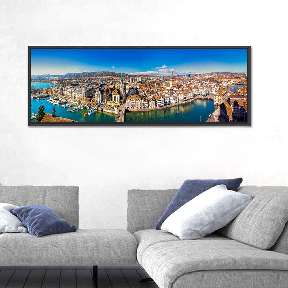 Zurich Cityscape Wall Art in a room, panoramic