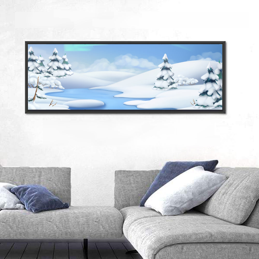 Christmas Pines Winter Landscape Wall Art in a room, panoramic
