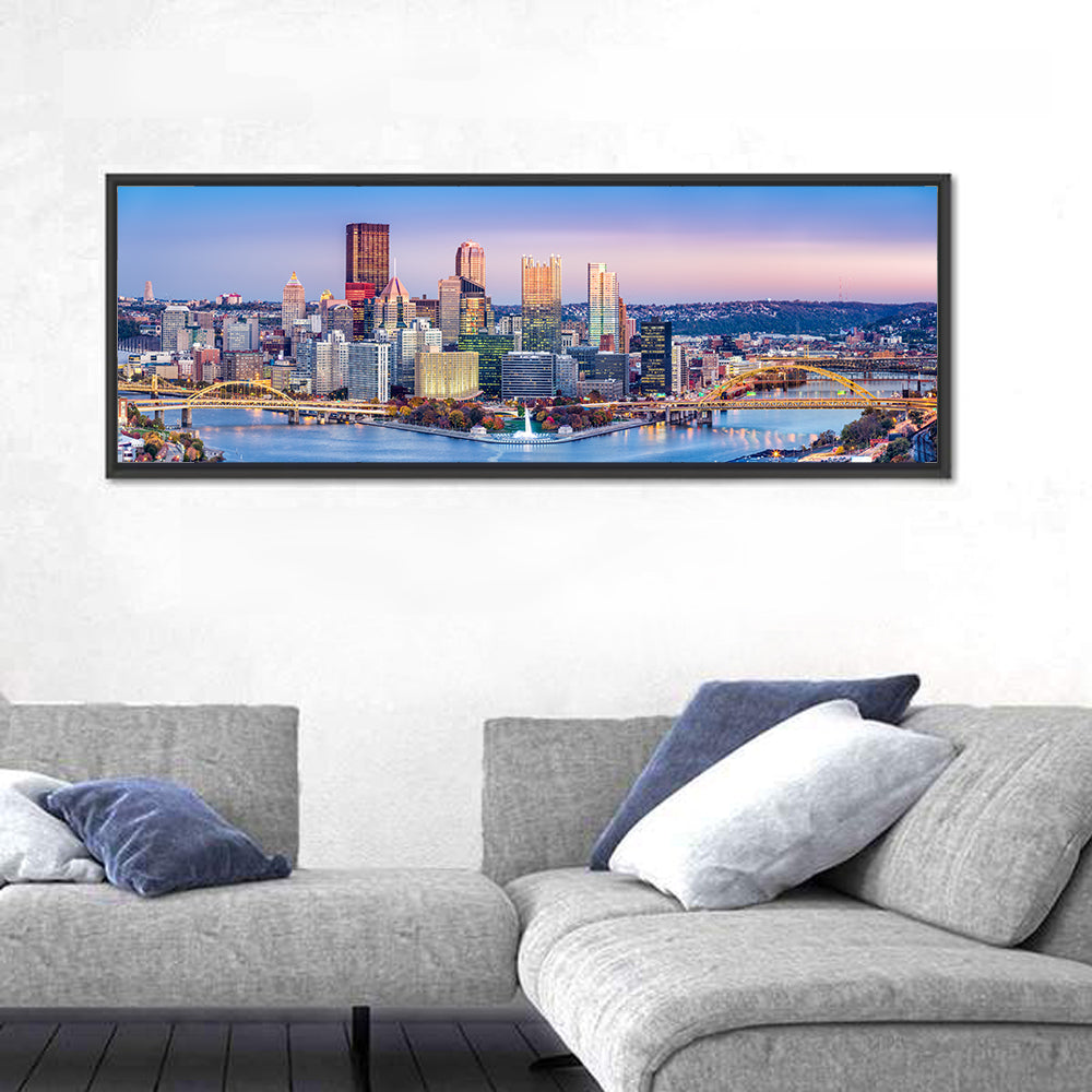 Pittsburgh Twilight Skyline Wall Art in a room, panoramic
