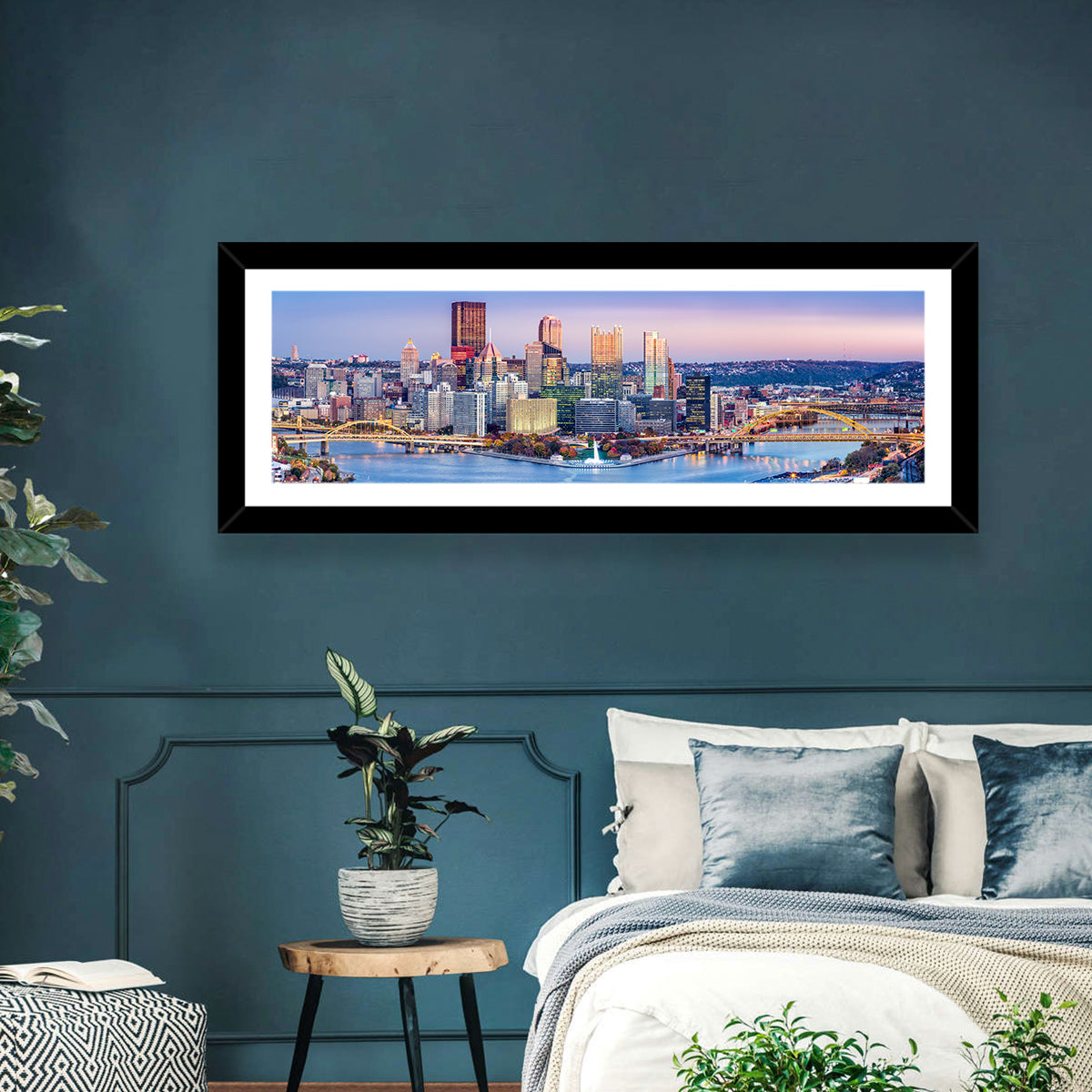 Pittsburgh Twilight Skyline Wall Art in a room, panoramic