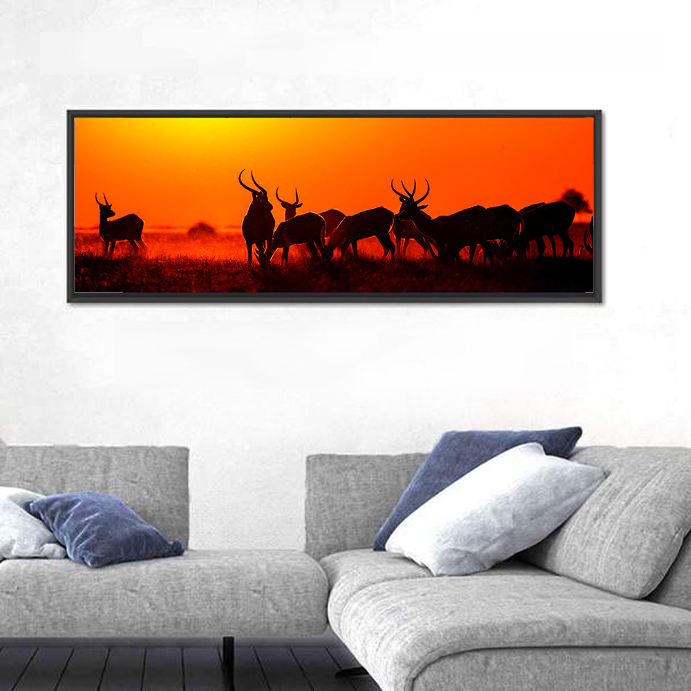 Antelope Herd at Sunset Wall Art in a room, panoramic