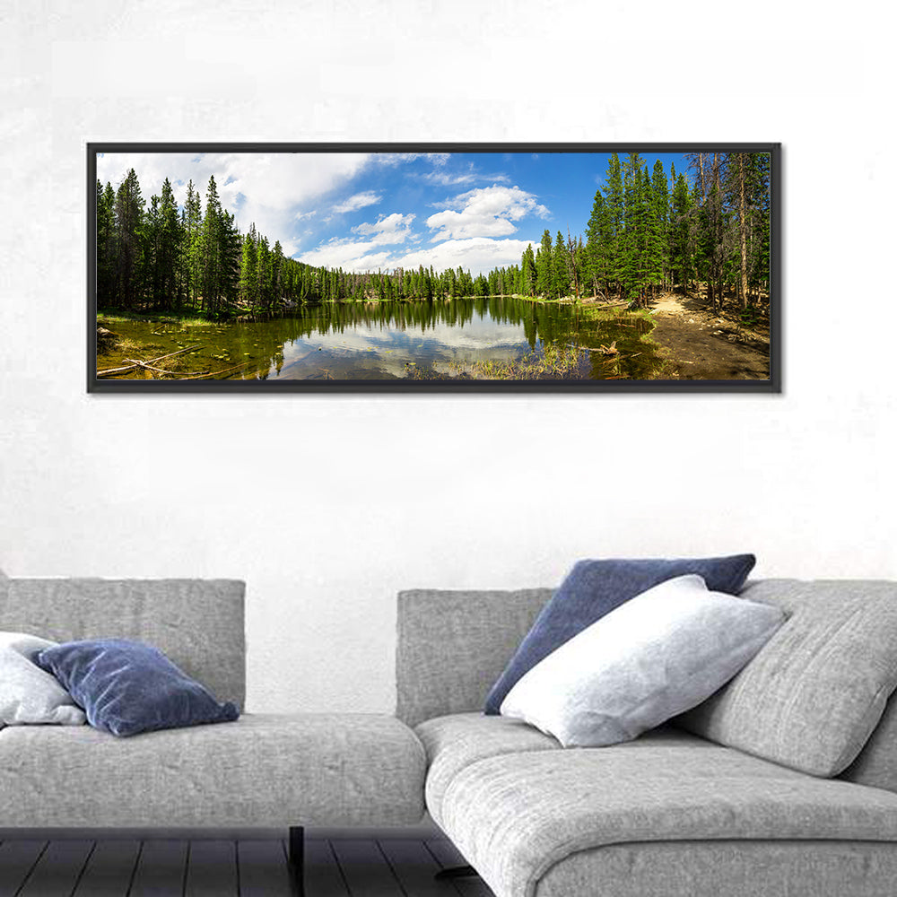 Estes Park Pine Lake Reflection Wall Art in a room, panoramic